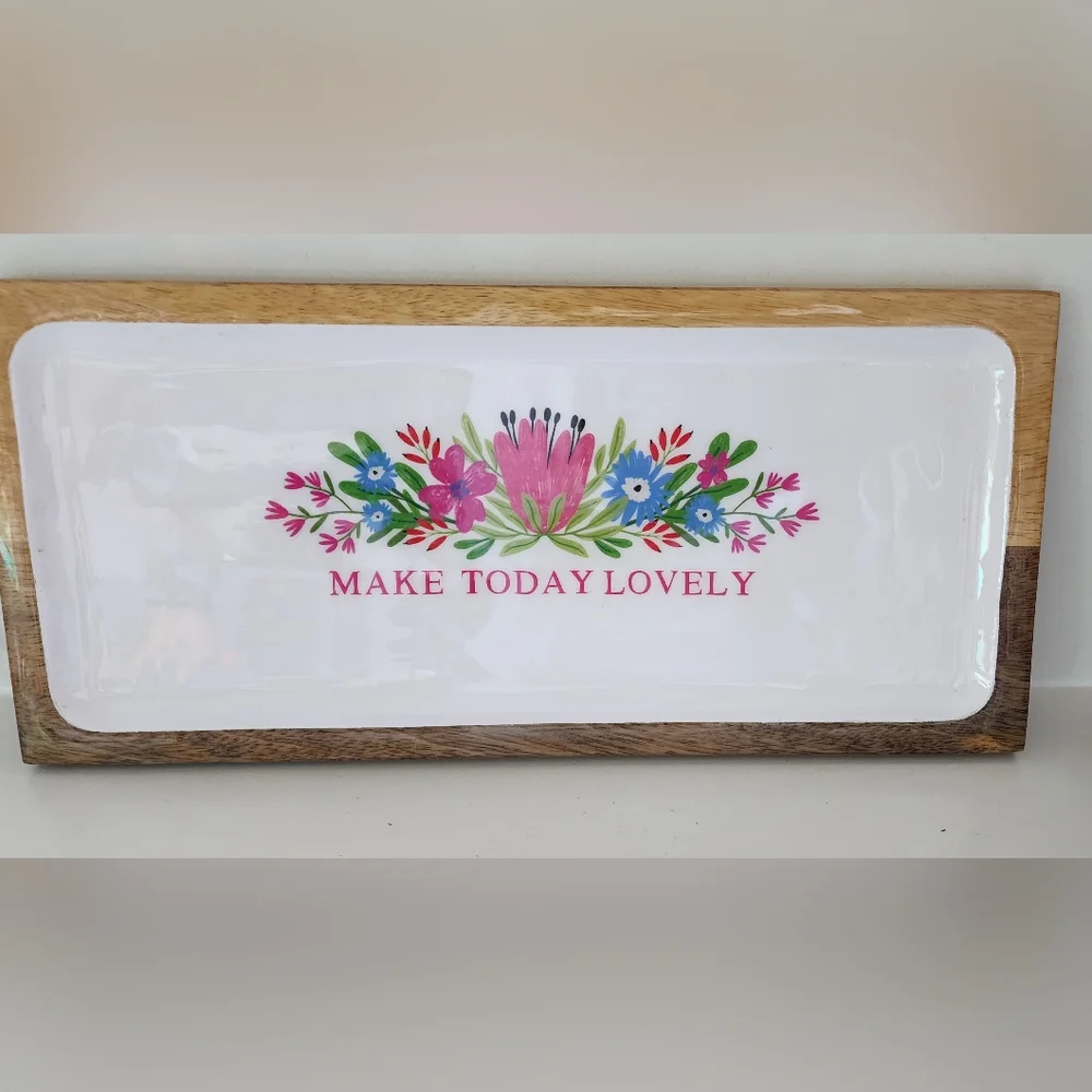 Mango Wood Floral Vanity Tray Platter Catch-all Make‎ Today Lovely New